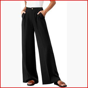 High Waisted Wide Leg Pants, Polyester, Casual Office Trousers with Pockets